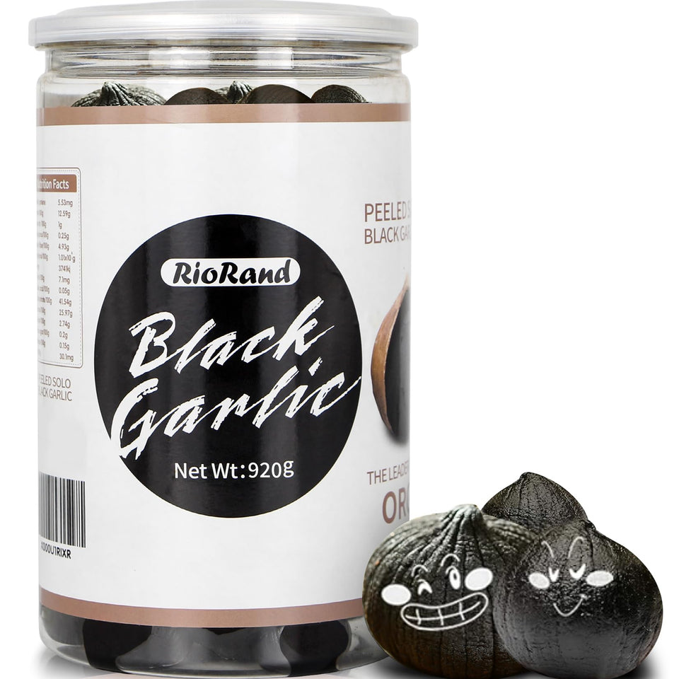 RioRand Black Garlic 920g jar front with glossy cloves, ready to eat.