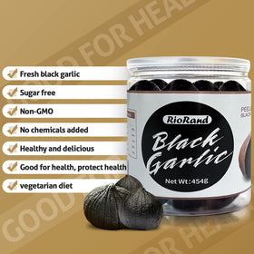 RioRand black garlic bulbs on a plate, showcasing sweet, mellow notes