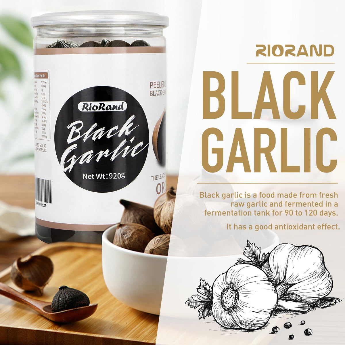 RioRand peeled black garlic bulbs close-up showing smooth texture for cooking.