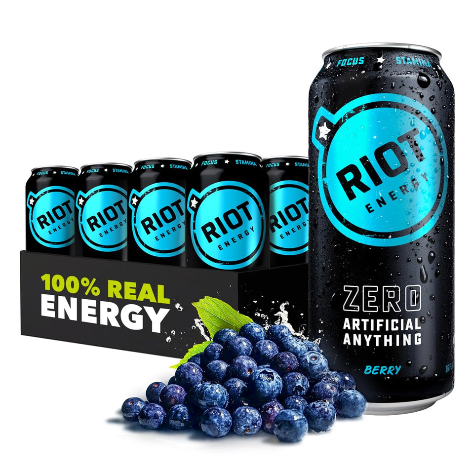 RIOT Energy Berry can close-up showing clean label and caffeine boost