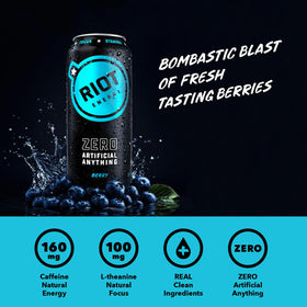 RIOT Energy Berry 12-pack on a clean surface for convenient bulk use