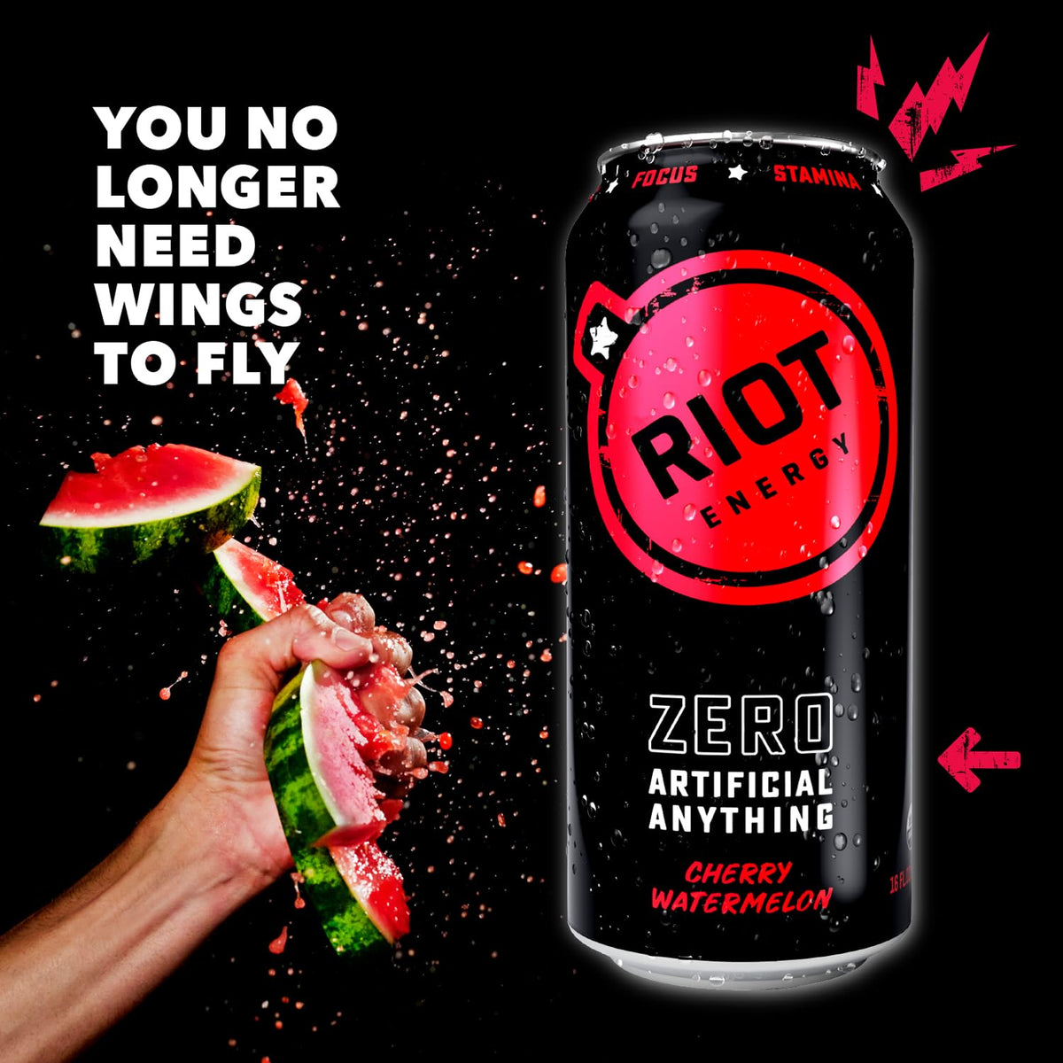 RIOT Energy Cherry Watermelon on ice glass emphasizes refreshing, no-sugar feel