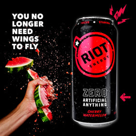 RIOT Energy Cherry Watermelon on ice glass emphasizes refreshing, no-sugar feel