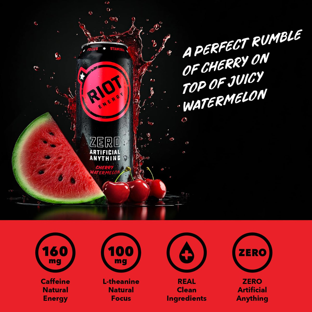 RIOT Energy Cherry Watermelon label closeup shows real fruit flavor without artificial additives