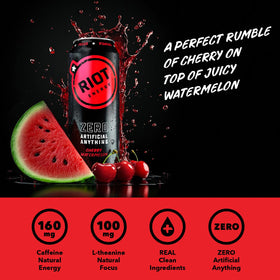 RIOT Energy Cherry Watermelon label closeup shows real fruit flavor without artificial additives