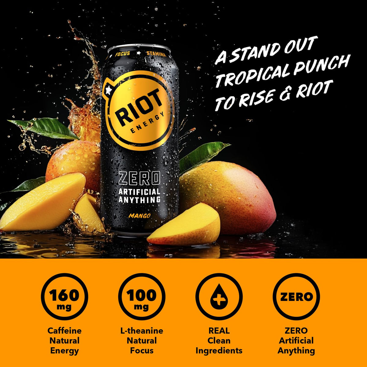 RIOT Mango can being poured into a glass for a refreshing tropical moment.