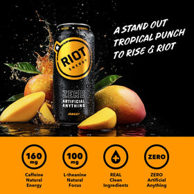 RIOT Mango can being poured into a glass for a refreshing tropical moment.