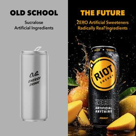 RIOT Mango energy drink poured into a chilled glass under bright light.