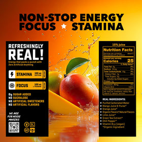 Close-up of RIOT Mango energy can highlighting clean ingredients.