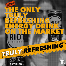 RIOT Mango packaging highlights real fruit and no artificial ingredients.