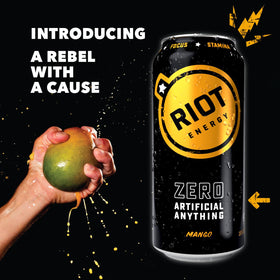 Multi-pack of RIOT Mango 16 oz cans ready for on-the-go energy.