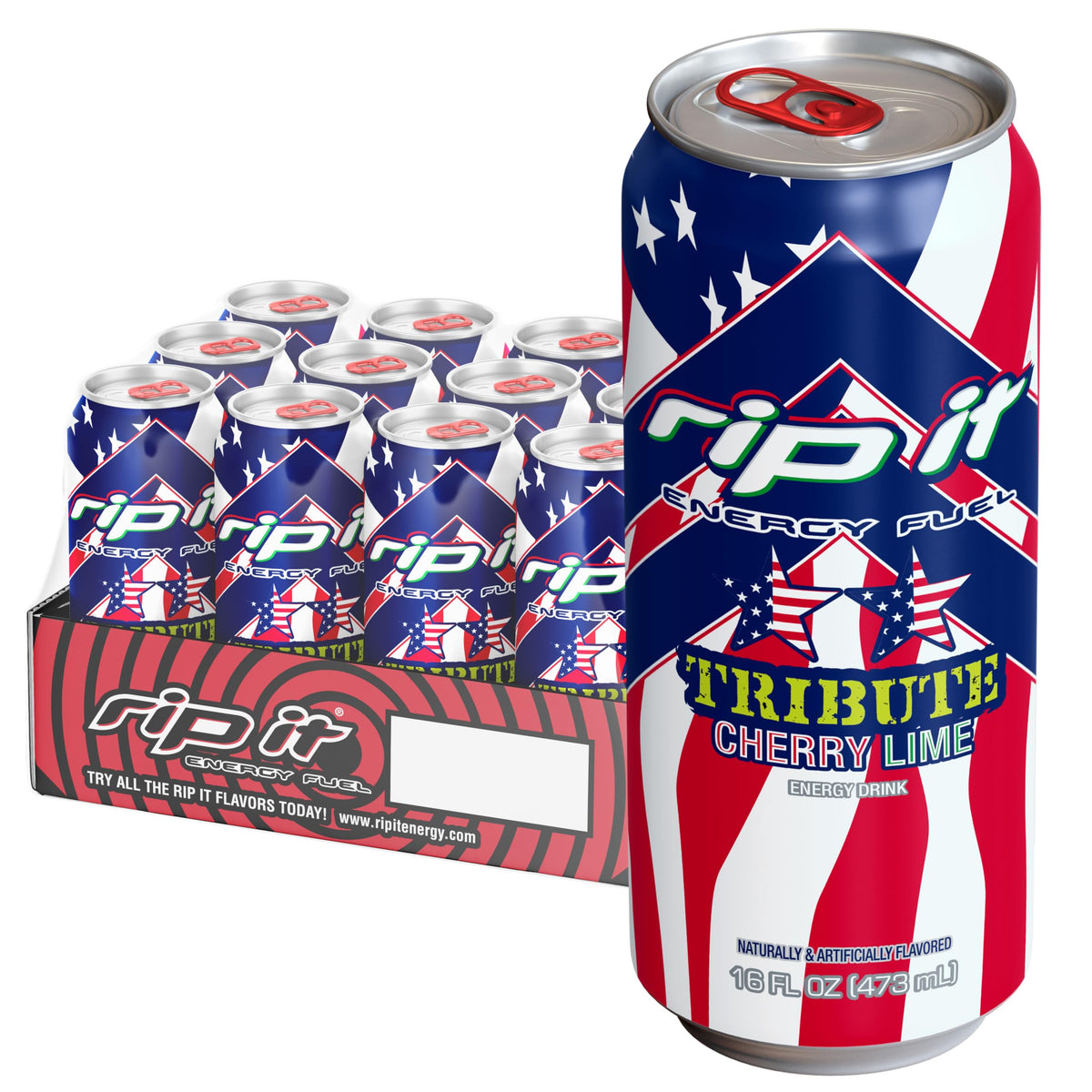Rip-It Tribute Cherry Lime can pour shows bold flavor and energy