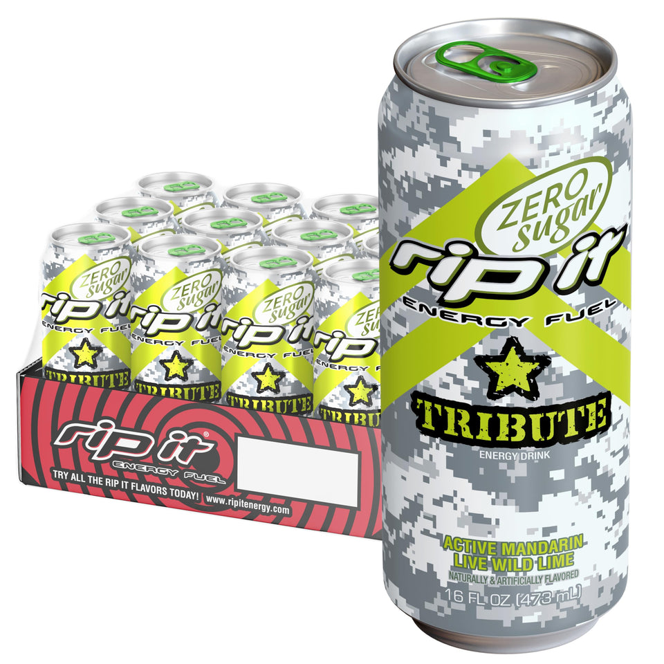 Rip-It Tribute Zero Sugar mandarin lime 16oz can pack boosts focus without crash.
