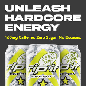 Rip-It Tribute Zero Sugar mandarin lime can side-label highlights caffeine and sugar-free energy.