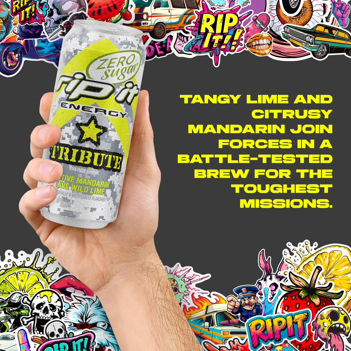 Rip-It Tribute Zero Sugar mandarin lime cooler display invites quick pick-me-ups.