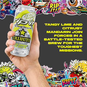 Rip-It Tribute Zero Sugar mandarin lime cooler display invites quick pick-me-ups.