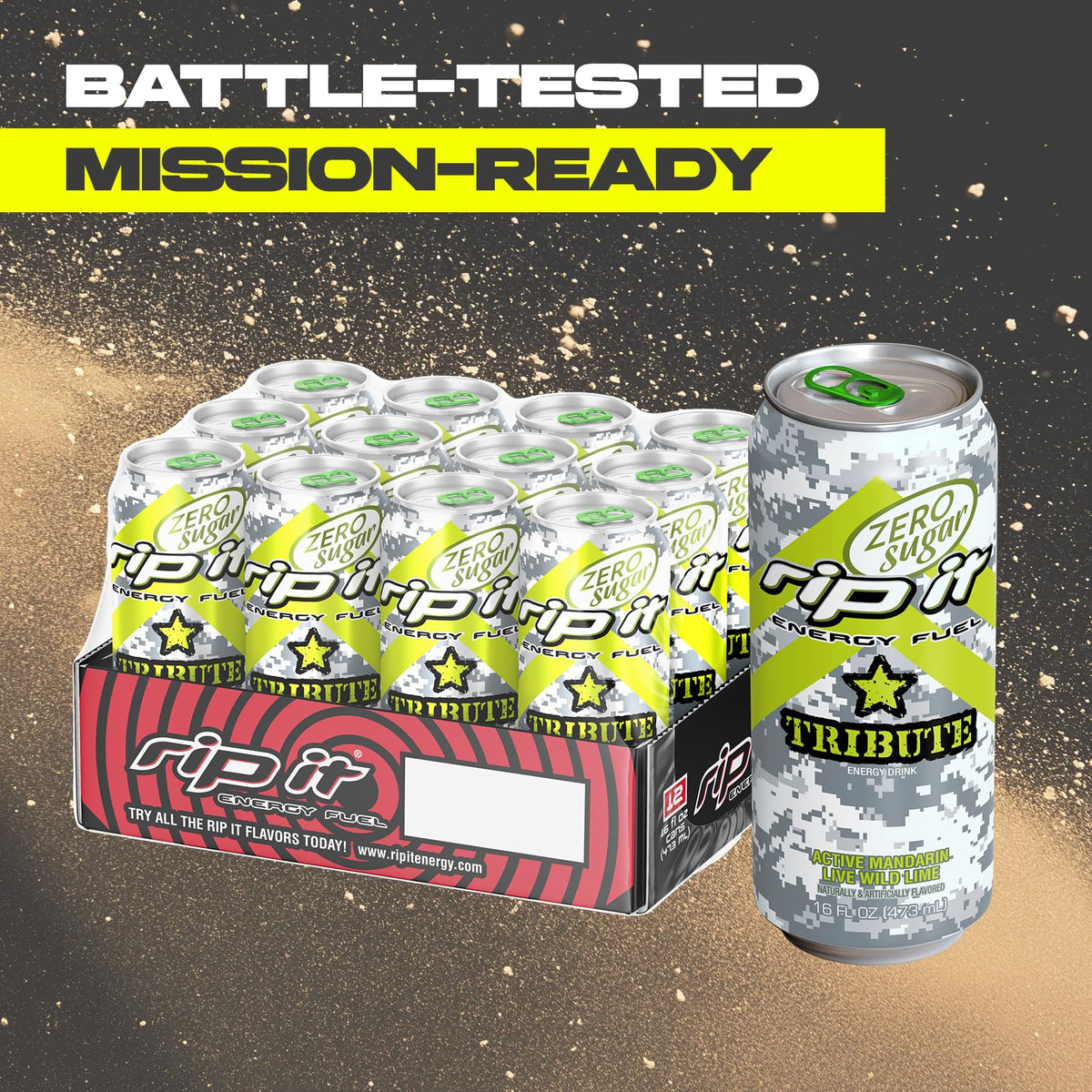 Rip-It Tribute Zero Sugar mandarin lime morning workout companion for sustained alertness.