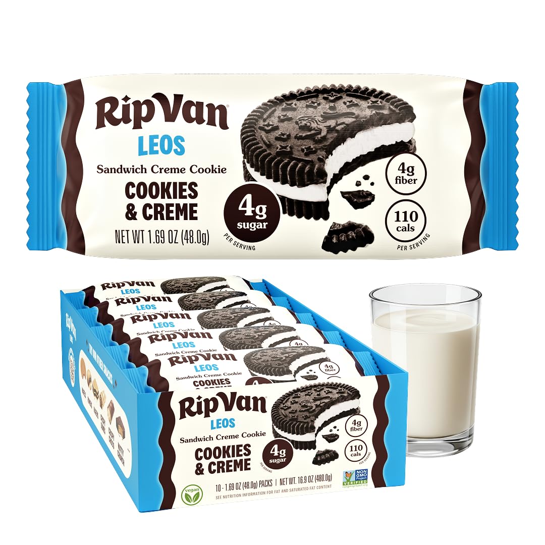 Rip Van Leos cookies and cream sandwich showing rich cocoa and vanilla flavor for a quick indulgence.