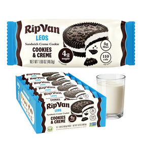 Rip Van Leos cookies and cream sandwich showing rich cocoa and vanilla flavor for a quick indulgence.