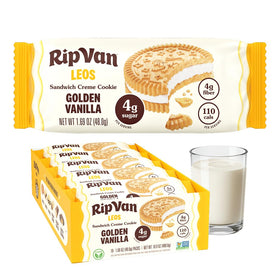 Rip Van LEOs Golden Vanilla cookie stack showing crisp texture for a quick snack