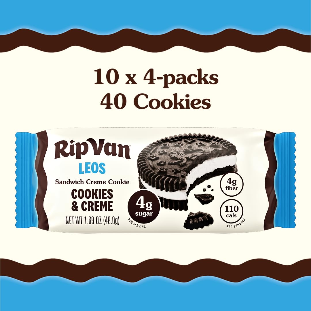 Rip Van Leos single cookie with nutrition highlights, a low sugar option.