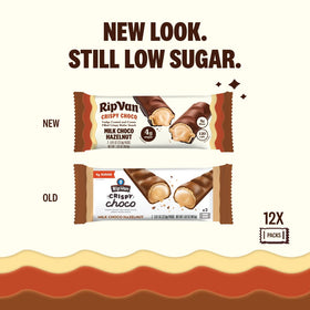 Rip Van Wafels choco bar cross-section reveals hazelnut filling and fudge core.
