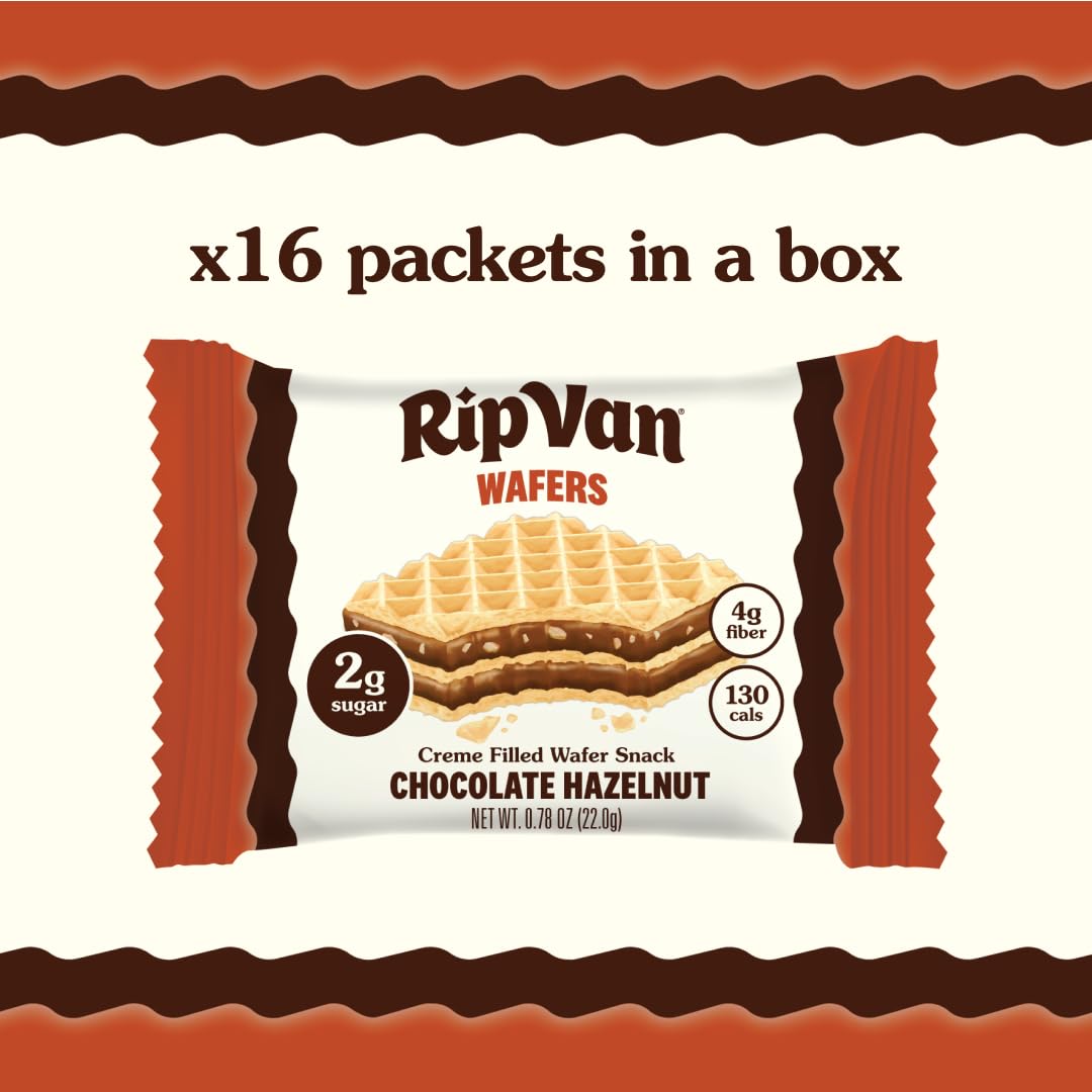 Rip Van Wafels chocolate hazelnut wafers nutrition label visible, showing 4 g net carbs.