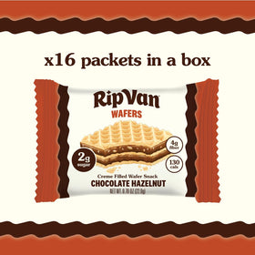 Rip Van Wafels chocolate hazelnut wafers nutrition label visible, showing 4 g net carbs.