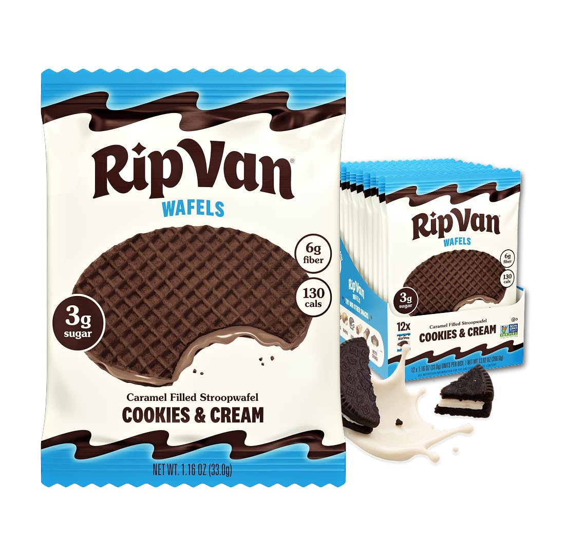 Rip Van Wafels Cookies and Cream stroopwafel slice with cream center, a tasty on-the-go treat.