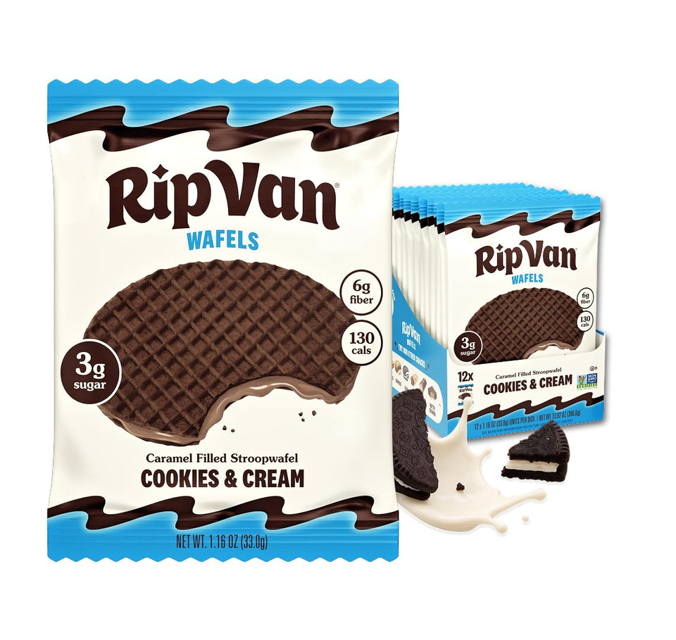 Rip Van Wafels Cookies and Cream stroopwafel slice with cream center, a tasty on-the-go treat.