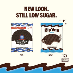 Rip Van Wafels Cookies and Cream stroopwafels pack shows 12 individually wrapped snacks.