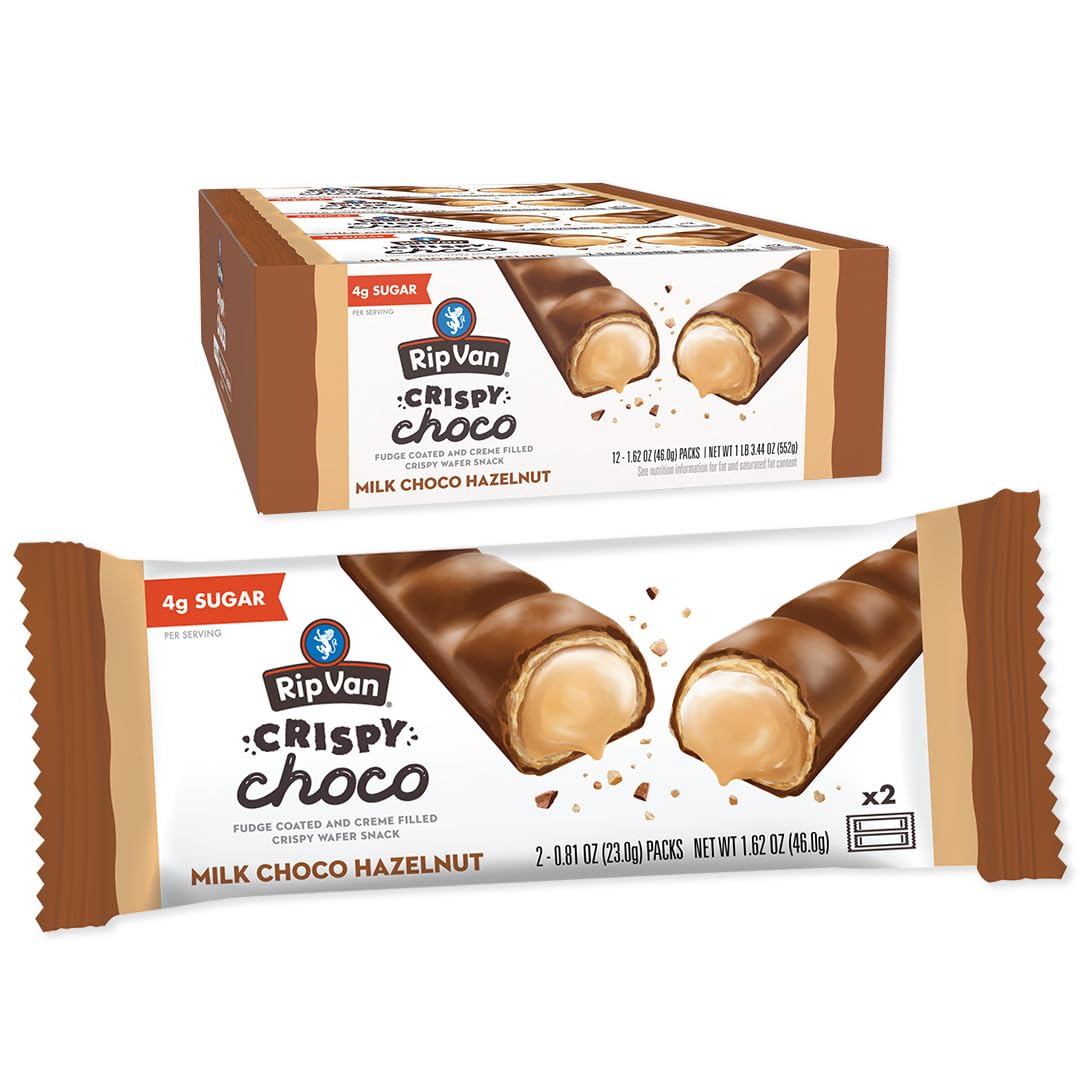 Rip Van Wafels Crispy Choco bar on plate, highlighting crisp texture for on-the-go snacking.
