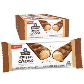 Rip Van Wafels Crispy Choco bar on plate, highlighting crisp texture for on-the-go snacking.