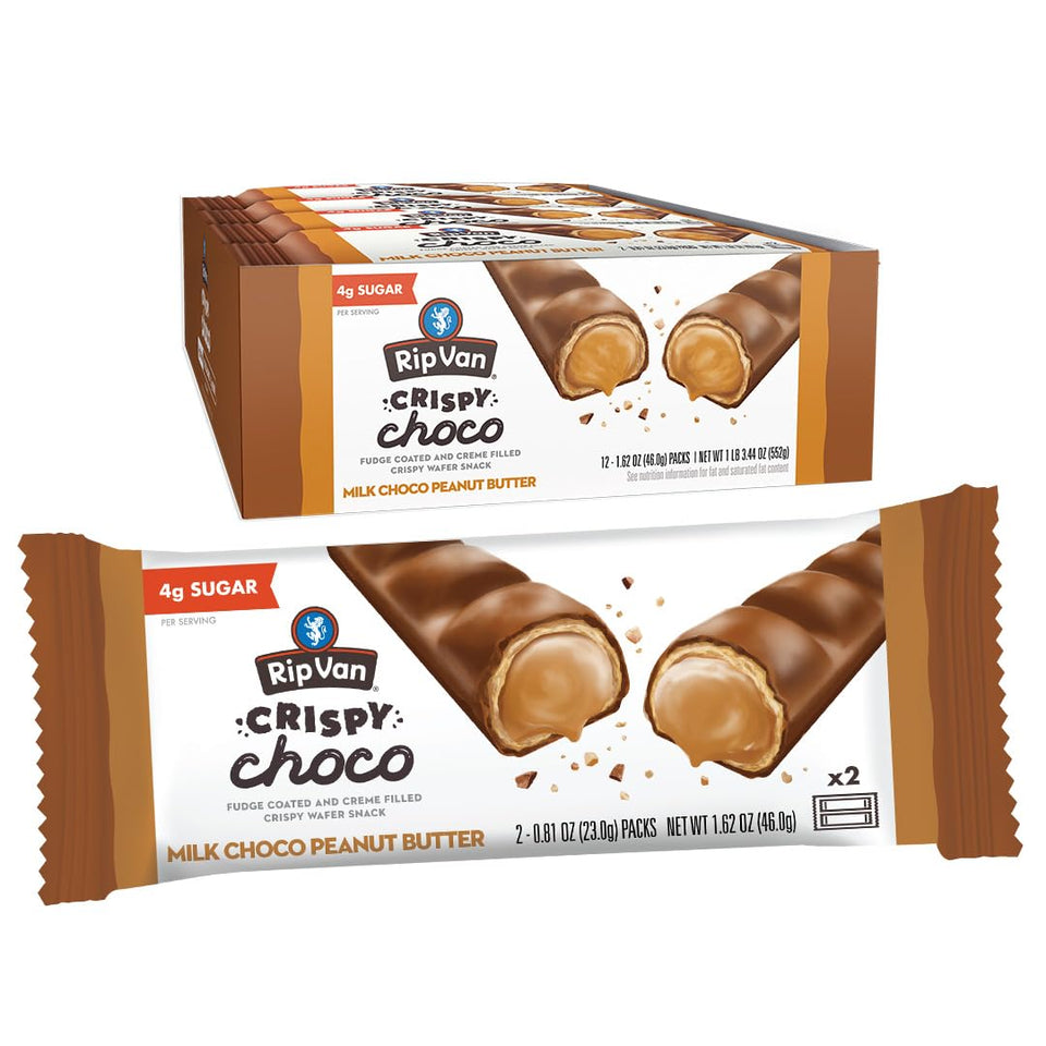 Rip Van Wafels Crispy Choco wafer shell with fudge coating and peanut butter center, a low-calorie snack option.