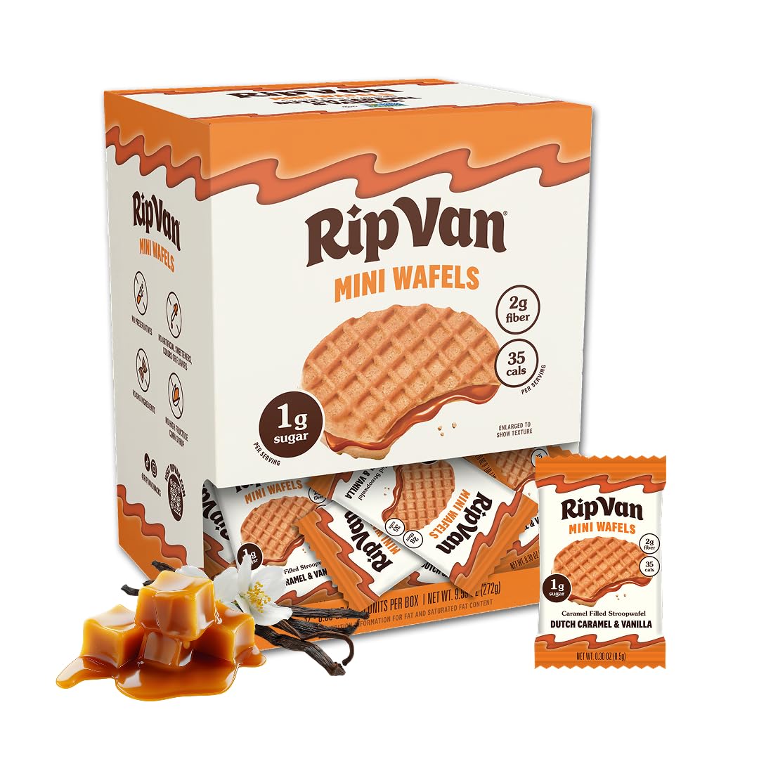 Rip Van Wafels Dutch Caramel mini stroopwafels in a box, ideal for on-the-go snacking.