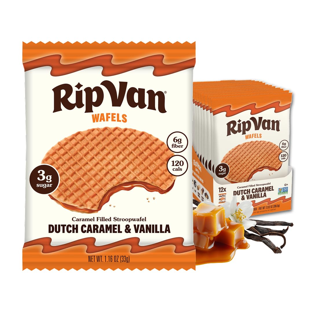 Rip Van Wafels Dutch Caramel and Vanilla wafers packaging for convenient snacking