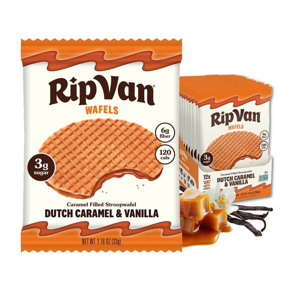Rip Van Wafels Dutch Caramel and Vanilla wafers packaging for convenient snacking