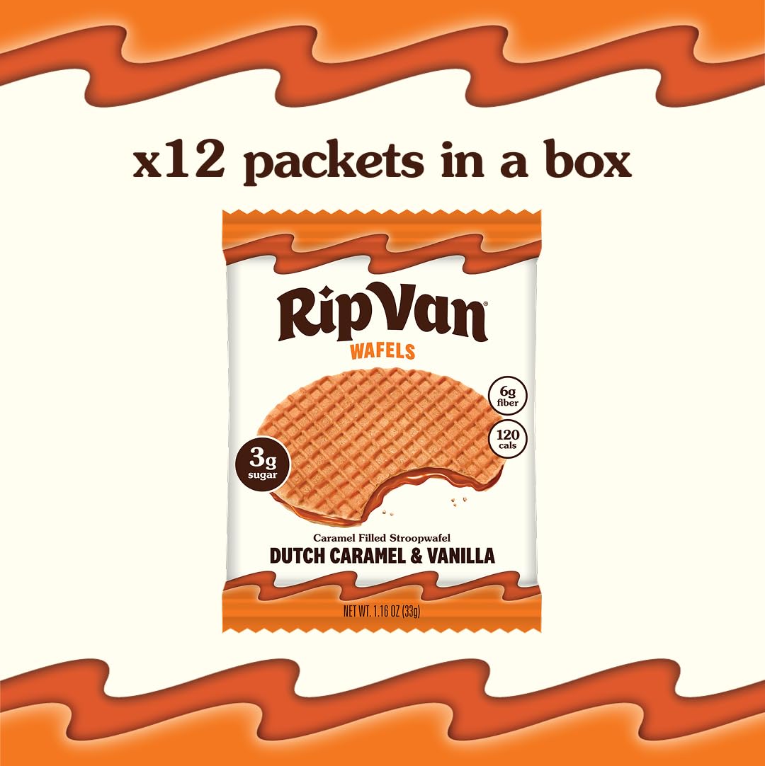 Rip Van Wafels wafer slice reveals caramel filling and natural ingredients