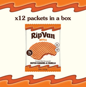 Rip Van Wafels wafer slice reveals caramel filling and natural ingredients