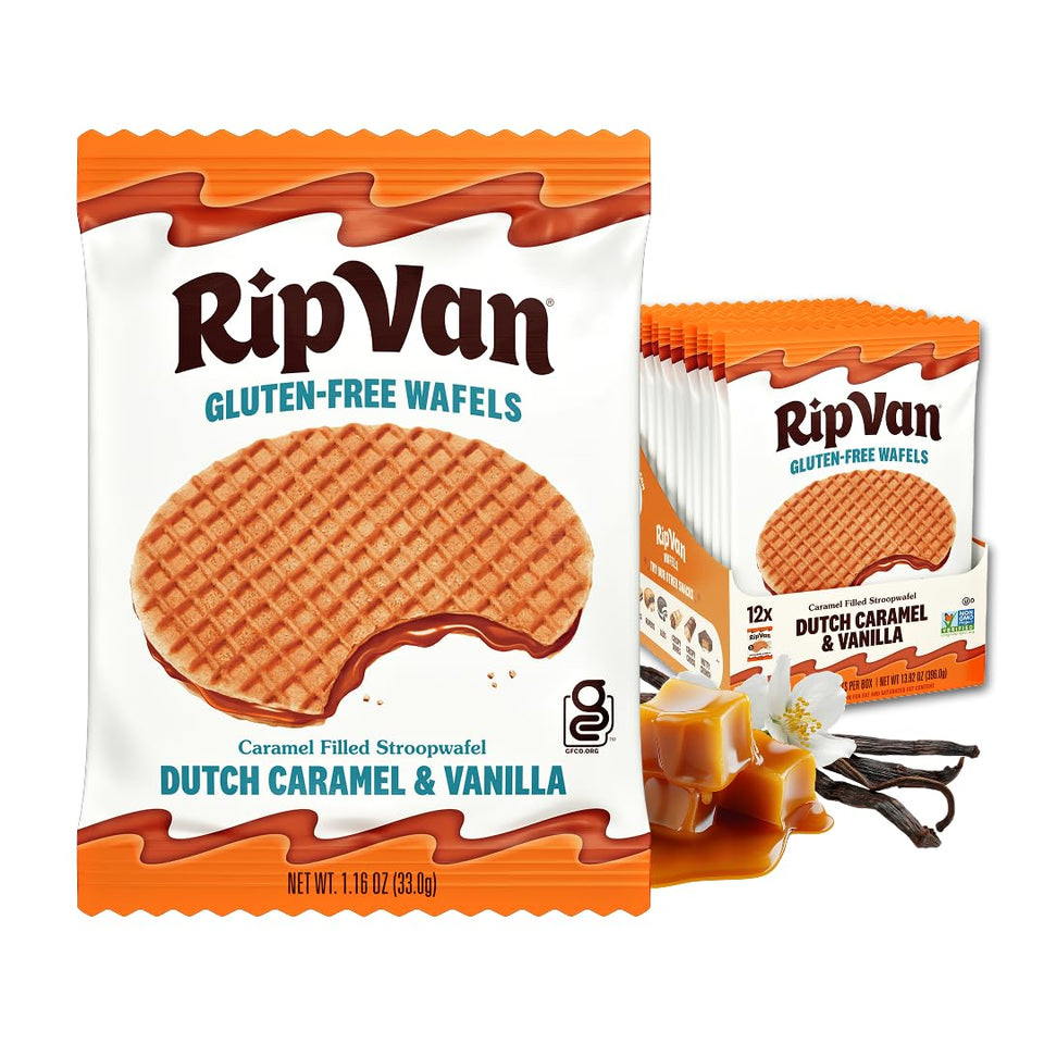 Rip Van Wafels gluten-free stroopwafel box pack showing 12 individually wrapped waffles for on the go