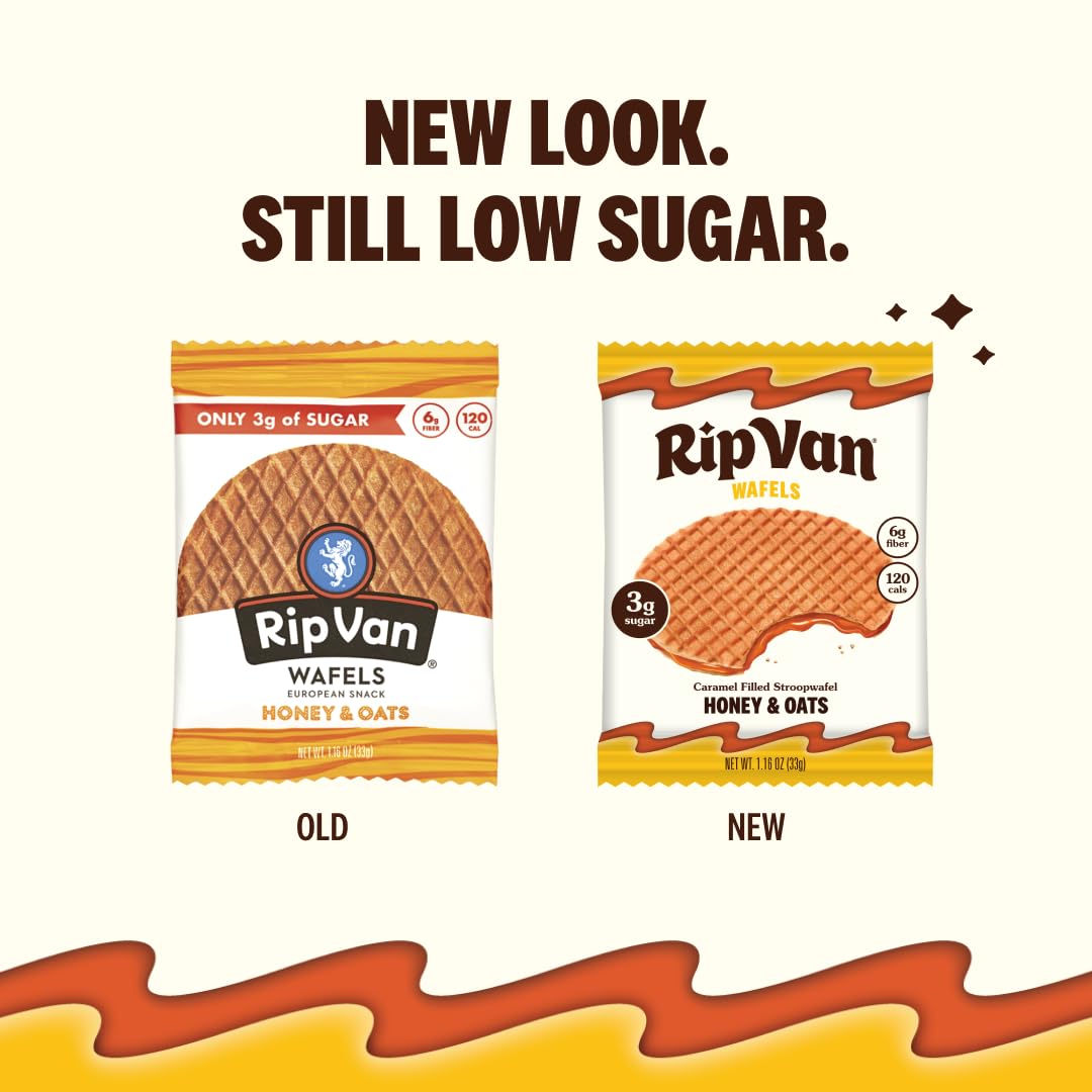 Rip Van Wafels Honey & Oats Stroopwafels close-up pack, showcasing ingredients.