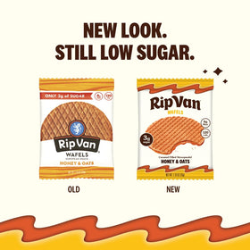 Rip Van Wafels Honey & Oats Stroopwafels close-up pack, showcasing ingredients.