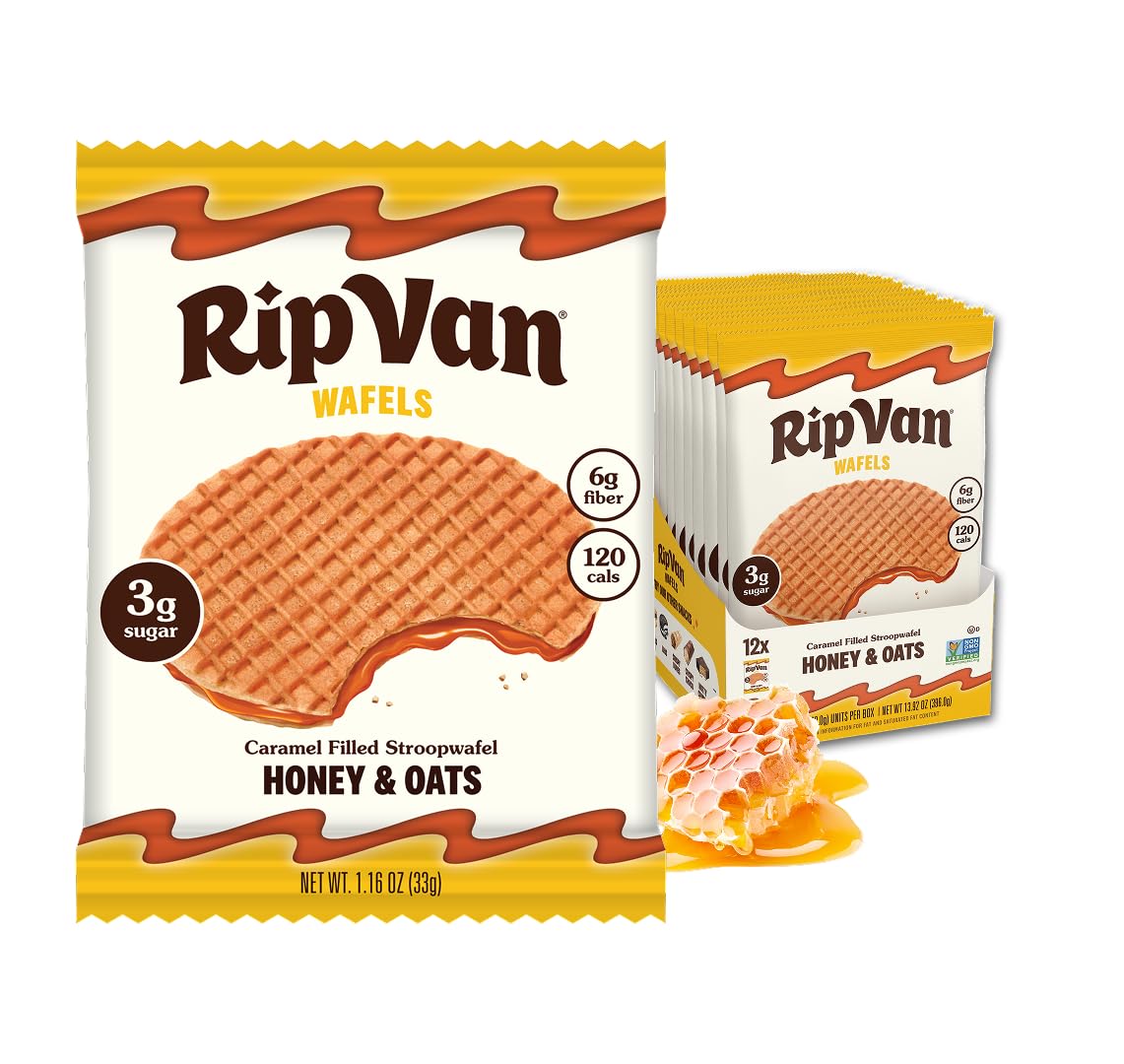 Rip Van Wafels Honey & Oats Stroopwafels pack front, ideal office snack.