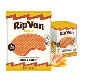 Rip Van Wafels Honey & Oats Stroopwafels pack front, ideal office snack.