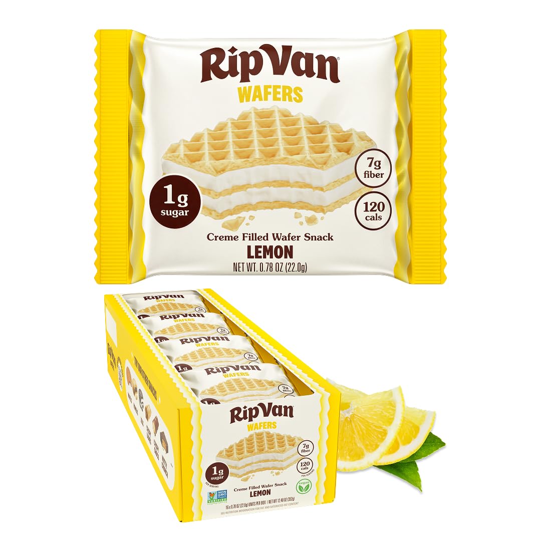 Rip Van Wafels Lemon Cookies packaging, convenient vegan snack for on-the-go.