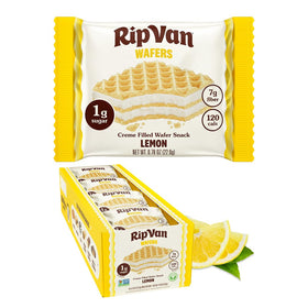 Rip Van Wafels Lemon Cookies packaging, convenient vegan snack for on-the-go.