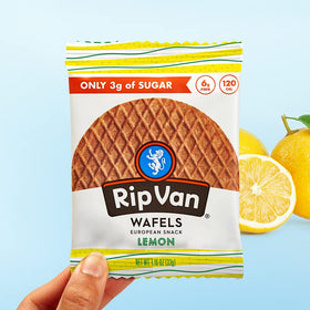 Rip Van Wafels Lemon Stroopwafels on an office desk ready for a snack break.