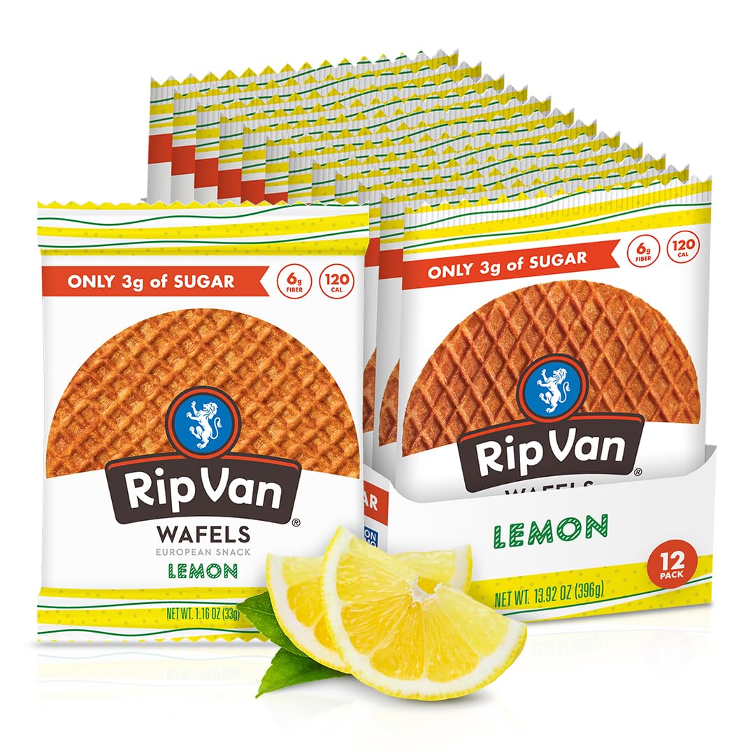 Rip Van Wafels Lemon Stroopwafels packaging for easy, on-the-go snacking at work.