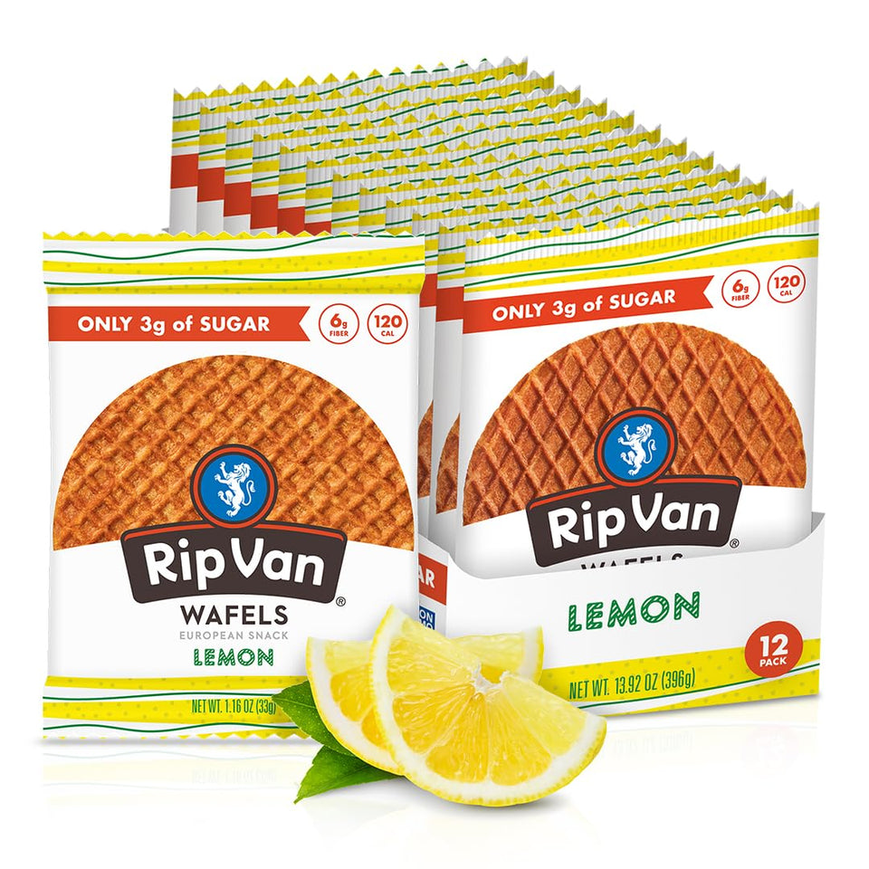 Rip Van Wafels Lemon Stroopwafels packaging for easy, on-the-go snacking at work.