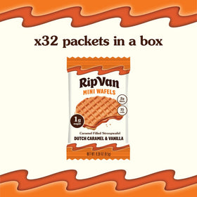 Rip Van Wafels mini stroopwafels pack showing individually wrapped snacks, keeping freshness.